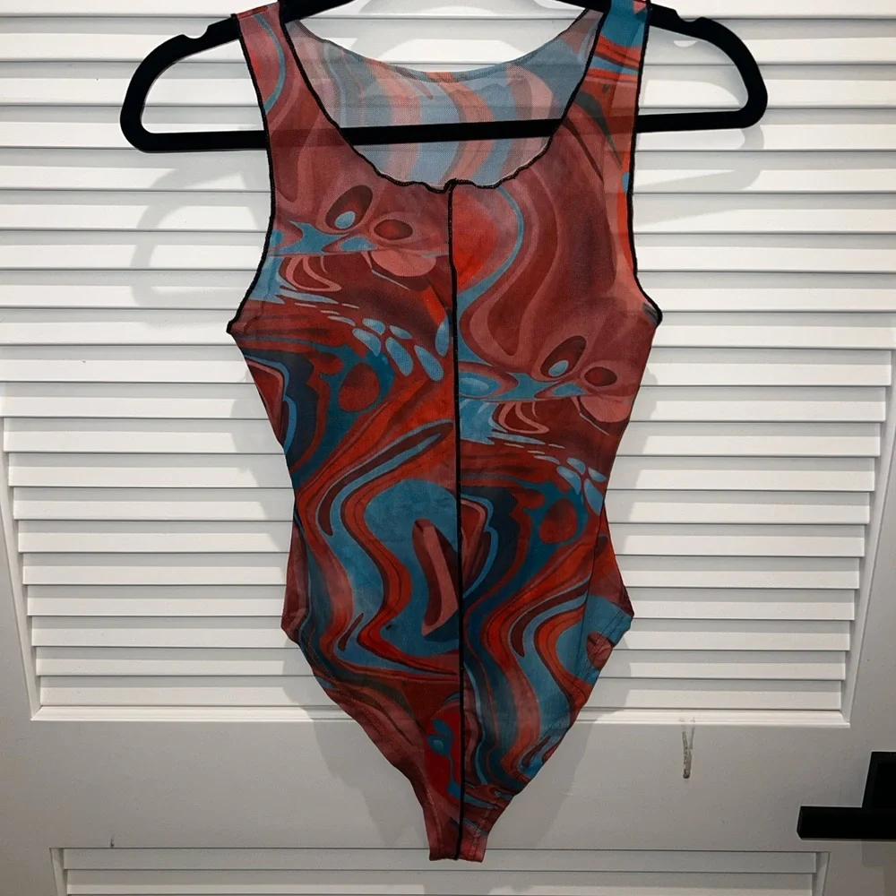 Turquoise and Orange See-through Swirl Pattern Bodysuit - Picture 10 of 11